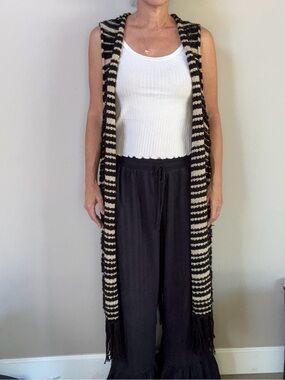 Chico’s Black & Gold striped Faron Knit Fringe long open front sweater vest XL 3